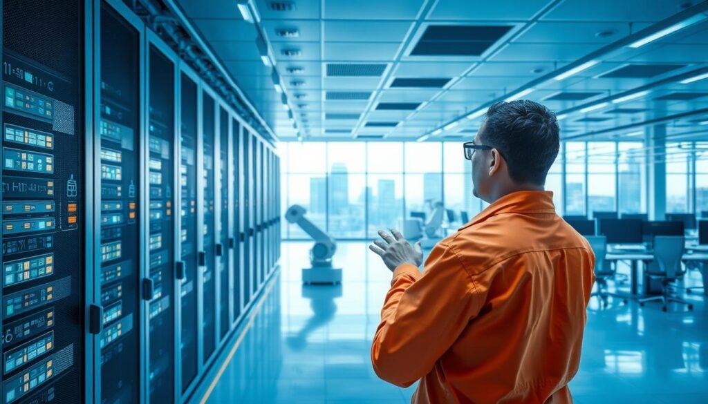 A pristine cloud data center, with rows of sleek server racks and glowing indicator lights. In the foreground, an engineer monitors a holographic interface, adjusting parameters with precise gestures. The middle ground features automated robotic arms swiftly moving between the servers, performing maintenance tasks with machine-like efficiency. The background depicts a vast, open-plan workspace, with ergonomic workstations and large windows overlooking a vibrant, innovation-driven cityscape. The scene is bathed in a cool, bluish light, conveying a sense of technological sophistication and unwavering operational control. A pristine cloud data center, with rows of sleek server racks and glowing indicator lights. In the foreground, an engineer monitors a holographic interface, adjusting parameters with precise gestures. The middle ground features automated robotic arms swiftly moving between the servers, performing maintenance tasks with machine-like efficiency. The background depicts a vast, open-plan workspace, with ergonomic workstations and large windows overlooking a vibrant, innovation-driven cityscape. The scene is bathed in a cool, bluish light, conveying a sense of technological sophistication and unwavering operational control.