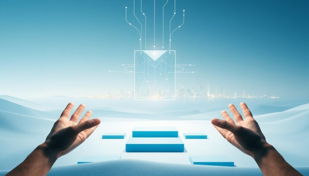 A serene, geometric landscape with a delicate balance of light and shadow. In the foreground, a transparent digital prism hovers, refracting data streams that flow gracefully between two hands reaching out from the sides. The middle ground features a series of interconnected platforms, each a different shade of blue, hinting at the careful equilibrium between privacy safeguards and innovative technologies. In the distance, a horizon line of glowing city skylines, representing the potential for progress while respecting individual rights. Soft, diffused lighting casts a contemplative mood, inviting the viewer to ponder the harmony between data protection and digital transformation. A serene, geometric landscape with a delicate balance of light and shadow. In the foreground, a transparent digital prism hovers, refracting data streams that flow gracefully between two hands reaching out from the sides. The middle ground features a series of interconnected platforms, each a different shade of blue, hinting at the careful equilibrium between privacy safeguards and innovative technologies. In the distance, a horizon line of glowing city skylines, representing the potential for progress while respecting individual rights. Soft, diffused lighting casts a contemplative mood, inviting the viewer to ponder the harmony between data protection and digital transformation.