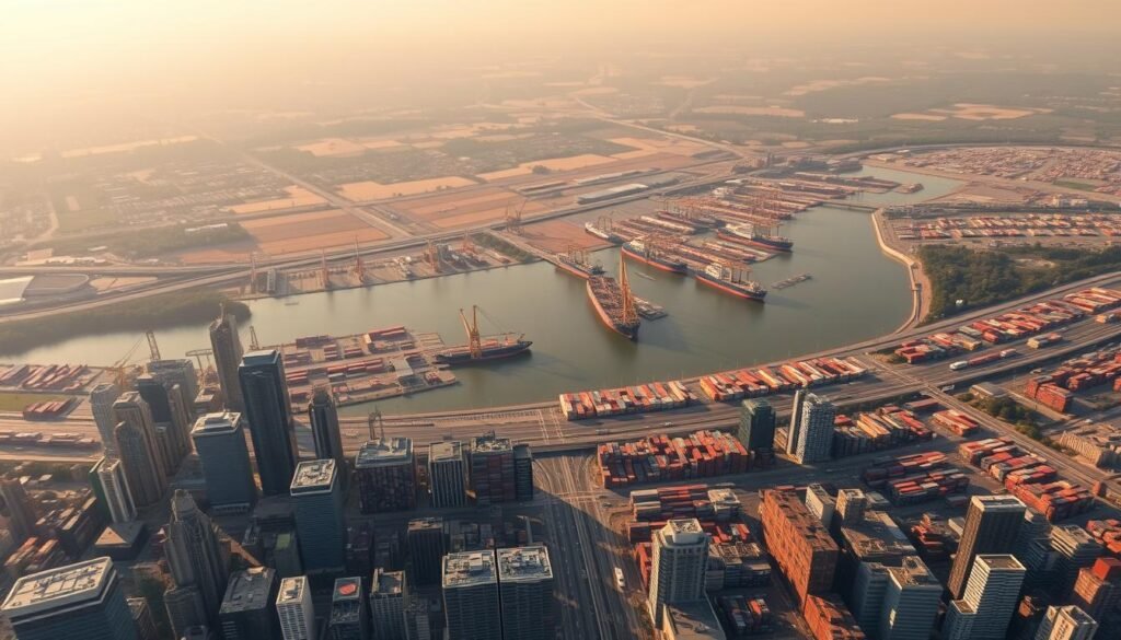 A sprawling aerial view of the global economy, captured with a wide-angle lens. In the foreground, a bustling cityscape with gleaming skyscrapers and a network of highways. In the middle ground, cargo ships navigating busy ports, cranes and containers reflecting the scale of international trade. In the distance, a patchwork of farmland and forests, representing the natural resources that fuel the world's economies. The scene is bathed in warm, golden light, conveying a sense of prosperity and interconnectedness. Subtle haze in the atmosphere suggests the complexities and challenges of maintaining a thriving global economic system. A sprawling aerial view of the global economy, captured with a wide-angle lens. In the foreground, a bustling cityscape with gleaming skyscrapers and a network of highways. In the middle ground, cargo ships navigating busy ports, cranes and containers reflecting the scale of international trade. In the distance, a patchwork of farmland and forests, representing the natural resources that fuel the world's economies. The scene is bathed in warm, golden light, conveying a sense of prosperity and interconnectedness. Subtle haze in the atmosphere suggests the complexities and challenges of maintaining a thriving global economic system.