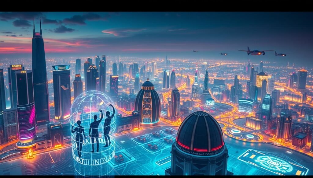 A sprawling cityscape of towering skyscrapers and gleaming domes, bathed in a vibrant palette of blues, purples, and golds. In the foreground, a group of sleek, futuristic holograms and projections dance and intertwine, representing the latest advancements in digital technology and artificial intelligence. The middle ground features a maze of holographic interfaces, data streams, and interconnected networks, symbolizing the seamless integration of the physical and digital realms. In the background, a breathtaking vista of hovering transport pods, automated factories, and a luminous, hyperconnected infrastructure, all powered by renewable energy. The scene exudes a sense of dynamism, innovation, and a vision for a future where technology and humanity coexist in perfect harmony. A sprawling cityscape of towering skyscrapers and gleaming domes, bathed in a vibrant palette of blues, purples, and golds. In the foreground, a group of sleek, futuristic holograms and projections dance and intertwine, representing the latest advancements in digital technology and artificial intelligence. The middle ground features a maze of holographic interfaces, data streams, and interconnected networks, symbolizing the seamless integration of the physical and digital realms. In the background, a breathtaking vista of hovering transport pods, automated factories, and a luminous, hyperconnected infrastructure, all powered by renewable energy. The scene exudes a sense of dynamism, innovation, and a vision for a future where technology and humanity coexist in perfect harmony.