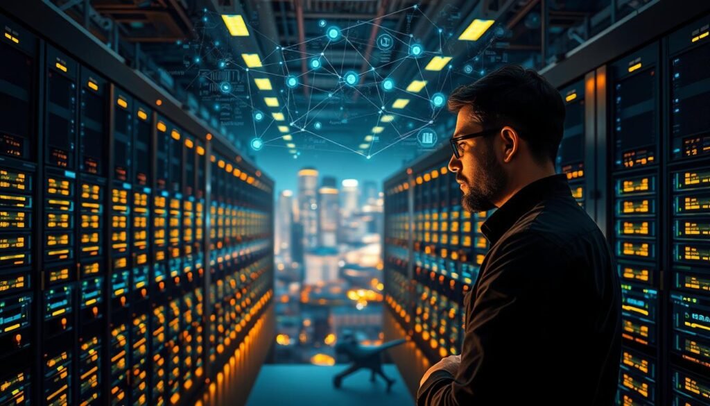 A vast data center, its rows of gleaming servers and blinking lights illuminated by warm overhead lighting. In the foreground, a data analyst intently studying a large holographic display, their face reflecting the glow of real-time analytics. The middle ground features an intricate network of data flows, visualized as colorful streams of information, weaving between the server racks. In the background, a panoramic view of a bustling city skyline, hinting at the scale and impact of the insights extracted from the big data. The atmosphere is one of focus, innovation, and the transformative power of data-driven decision making. A vast data center, its rows of gleaming servers and blinking lights illuminated by warm overhead lighting. In the foreground, a data analyst intently studying a large holographic display, their face reflecting the glow of real-time analytics. The middle ground features an intricate network of data flows, visualized as colorful streams of information, weaving between the server racks. In the background, a panoramic view of a bustling city skyline, hinting at the scale and impact of the insights extracted from the big data. The atmosphere is one of focus, innovation, and the transformative power of data-driven decision making.