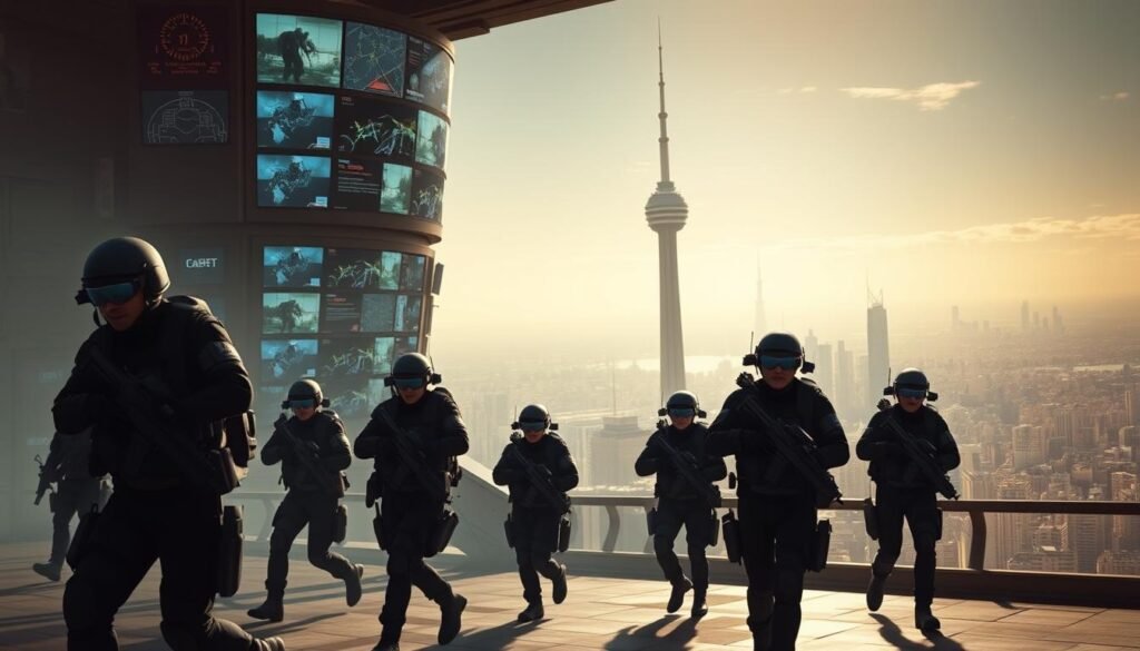 A vibrant and detailed scene of Operation Sindoor's initial achievements. In the foreground, a group of covert operatives in sleek black uniforms move with purpose, carrying advanced weaponry and surveillance equipment. In the middle ground, a towering command center buzzes with activity, screens displaying critical intelligence and strategic plans. The background reveals a sprawling city skyline, hinting at the global scale of this clandestine operation. Dramatic lighting casts dynamic shadows, creating a sense of urgency and high-stakes. The overall atmosphere conveys a carefully orchestrated mission, poised for success. A vibrant and detailed scene of Operation Sindoor's initial achievements. In the foreground, a group of covert operatives in sleek black uniforms move with purpose, carrying advanced weaponry and surveillance equipment. In the middle ground, a towering command center buzzes with activity, screens displaying critical intelligence and strategic plans. The background reveals a sprawling city skyline, hinting at the global scale of this clandestine operation. Dramatic lighting casts dynamic shadows, creating a sense of urgency and high-stakes. The overall atmosphere conveys a carefully orchestrated mission, poised for success.
