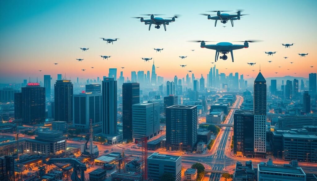 A vibrant cityscape bustles with cutting-edge cloud-powered technologies. In the foreground, smart factories hum with automated assembly lines, robotics, and IoT sensors. In the middle ground, sleek high-rise offices house agile software teams developing cloud-native applications. The background is dotted with futuristic data centers, their server racks lit by soft, ambient lighting. Overhead, a fleet of autonomous delivery drones zips through the clear sky, connecting the urban landscape with real-time logistics. The scene exudes a sense of seamless, efficient digital transformation, where cloud computing unlocks new realms of automation and innovation. A vibrant cityscape bustles with cutting-edge cloud-powered technologies. In the foreground, smart factories hum with automated assembly lines, robotics, and IoT sensors. In the middle ground, sleek high-rise offices house agile software teams developing cloud-native applications. The background is dotted with futuristic data centers, their server racks lit by soft, ambient lighting. Overhead, a fleet of autonomous delivery drones zips through the clear sky, connecting the urban landscape with real-time logistics. The scene exudes a sense of seamless, efficient digital transformation, where cloud computing unlocks new realms of automation and innovation.