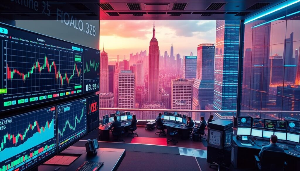 A vibrant, high-tech trading interface with seamless data visualization. In the foreground, sleek digital displays showcase real-time market analytics, candlestick charts, and trading indicators. Centered is a futuristic trading terminal with multi-screen setups and a tactile control panel. The middle ground features a panoramic view of a bustling trading floor, with teams of analysts and traders collaborating at their desks. The background showcases a striking cityscape of towering skyscrapers, conveying the global scale and connectivity of the modern financial markets. The scene is bathed in a cool, neon-tinged lighting, creating an atmosphere of sophisticated technology and dynamic market activity.