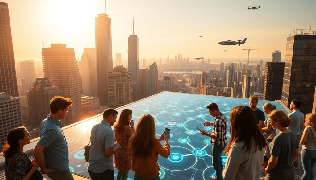 A vibrant, sun-drenched cityscape with towering skyscrapers and bustling streets. In the foreground, a group of diverse individuals from all walks of life gather around a large, transparent touchscreen panel, interacting with digital interfaces and collaborating on innovative projects. The middle ground features a network of glowing technological pathways, symbolizing the seamless integration of technology into everyday life. In the background, the horizon is dotted with futuristic aerial vehicles and floating platforms, hinting at the boundless possibilities that emerge when technology is accessible to all. The scene is bathed in a warm, golden light, creating a sense of optimism and inclusivity, reflecting the democratization of technology that empowers non-technical teams to drive automation and innovation. A vibrant, sun-drenched cityscape with towering skyscrapers and bustling streets. In the foreground, a group of diverse individuals from all walks of life gather around a large, transparent touchscreen panel, interacting with digital interfaces and collaborating on innovative projects. The middle ground features a network of glowing technological pathways, symbolizing the seamless integration of technology into everyday life. In the background, the horizon is dotted with futuristic aerial vehicles and floating platforms, hinting at the boundless possibilities that emerge when technology is accessible to all. The scene is bathed in a warm, golden light, creating a sense of optimism and inclusivity, reflecting the democratization of technology that empowers non-technical teams to drive automation and innovation.