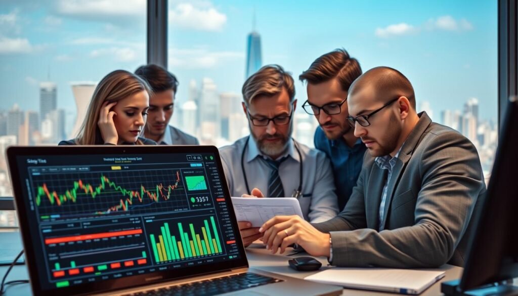 A visually striking and informative image showcasing a range of state-of-the-art market analysis tools. In the foreground, a sleek dashboard displays real-time stock, currency, and commodity data, with intuitive charts and graphs. In the middle ground, a team of analysts pore over complex financial models and algorithms, their expressions focused and determined. The background is a bustling city skyline, reflecting the dynamic global economy. The lighting is clean and crisp, casting a professional, high-tech atmosphere. The composition uses a wide-angle lens to capture the breadth of the scene, while strategic depth-of-field blur draws the viewer's attention to the key analytical elements. Overall, the image conveys the power and sophistication of modern market analysis tools, empowered by real-time global data.