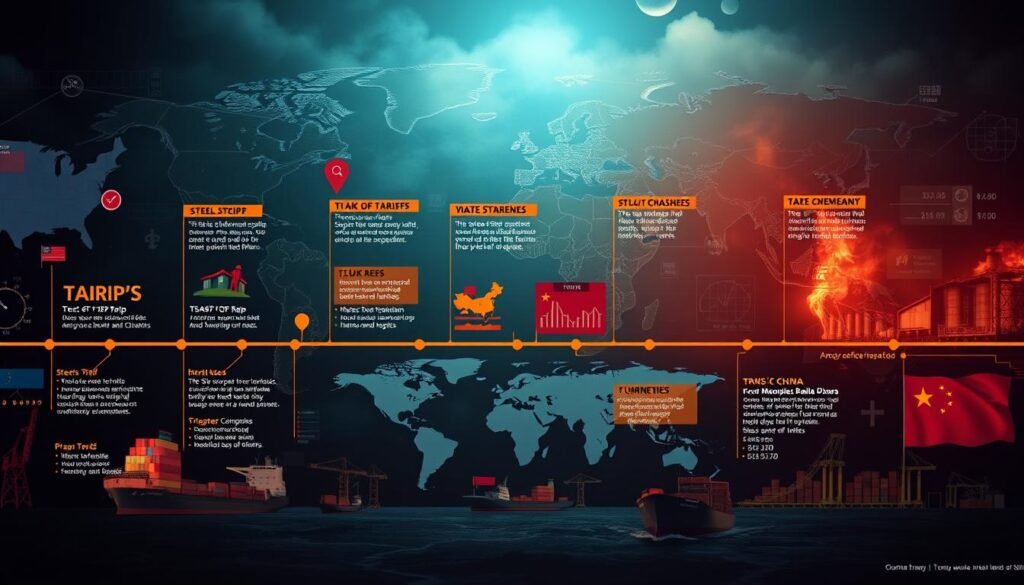 A vivid timeline depicting Trump's key tariff policies, set against a backdrop of global trade networks and economic indicators. In the foreground, a series of bold, dynamic infographic elements capture the milestones of Trump's tariff implementation, from the initial steel and aluminum tariffs to the escalating trade war with China. The middle ground features stylized world maps and data visualizations, conveying the widespread impacts on international commerce. The background showcases a moody, cinematic scene of ships, factories, and financial symbols, all rendered in a dark, dramatic lighting to evoke a sense of economic uncertainty and geopolitical tension. A vivid timeline depicting Trump's key tariff policies, set against a backdrop of global trade networks and economic indicators. In the foreground, a series of bold, dynamic infographic elements capture the milestones of Trump's tariff implementation, from the initial steel and aluminum tariffs to the escalating trade war with China. The middle ground features stylized world maps and data visualizations, conveying the widespread impacts on international commerce. The background showcases a moody, cinematic scene of ships, factories, and financial symbols, all rendered in a dark, dramatic lighting to evoke a sense of economic uncertainty and geopolitical tension.