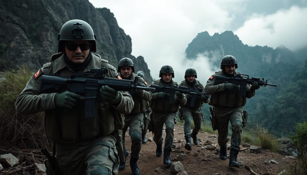 Dramatic scene of the Indian armed forces in action, with soldiers in full battle gear, wielding assault rifles and tactical gear. A group of soldiers advance cautiously through a rugged, mountainous terrain, scanning the horizon for potential threats. Moody, cinematic lighting casts dramatic shadows, heightening the sense of tension and urgency. The background is a blend of rocky outcroppings, lush foliage, and a cloudy, overcast sky, evoking the harsh, unforgiving environment of the conflict zone. The overall mood is one of determination, vigilance, and the weight of a complex, high-stakes situation. Dramatic scene of the Indian armed forces in action, with soldiers in full battle gear, wielding assault rifles and tactical gear. A group of soldiers advance cautiously through a rugged, mountainous terrain, scanning the horizon for potential threats. Moody, cinematic lighting casts dramatic shadows, heightening the sense of tension and urgency. The background is a blend of rocky outcroppings, lush foliage, and a cloudy, overcast sky, evoking the harsh, unforgiving environment of the conflict zone. The overall mood is one of determination, vigilance, and the weight of a complex, high-stakes situation.