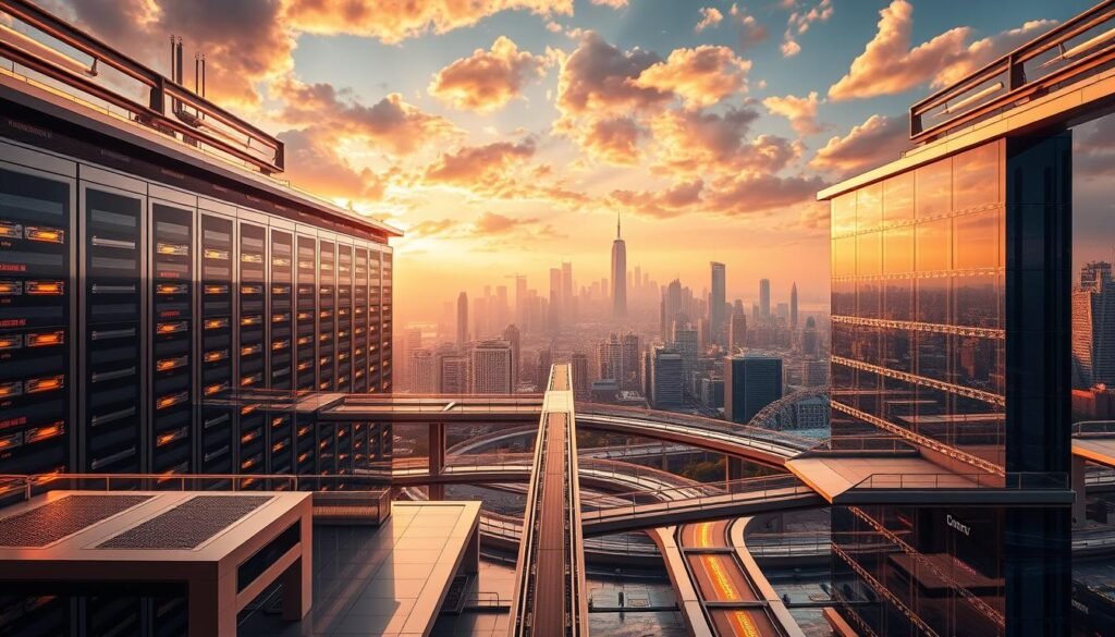Prompt A striking architectural landscape depicting a hybrid cloud infrastructure. In the foreground, interconnected servers and data centers are prominently featured, their sleek, modern design bathed in warm, golden lighting. In the middle ground, a network of elegant, futuristic walkways and bridges connect the various cloud components, symbolizing the seamless integration of on-premises and cloud-based resources. The background showcases a panoramic vista of a thriving, high-tech city skyline, hinting at the expansive possibilities of the hybrid cloud in enabling digital transformation. The scene conveys a sense of technological prowess, innovation, and the power of hybrid cloud solutions to drive progress and accelerate automation. Prompt A striking architectural landscape depicting a hybrid cloud infrastructure. In the foreground, interconnected servers and data centers are prominently featured, their sleek, modern design bathed in warm, golden lighting. In the middle ground, a network of elegant, futuristic walkways and bridges connect the various cloud components, symbolizing the seamless integration of on-premises and cloud-based resources. The background showcases a panoramic vista of a thriving, high-tech city skyline, hinting at the expansive possibilities of the hybrid cloud in enabling digital transformation. The scene conveys a sense of technological prowess, innovation, and the power of hybrid cloud solutions to drive progress and accelerate automation.