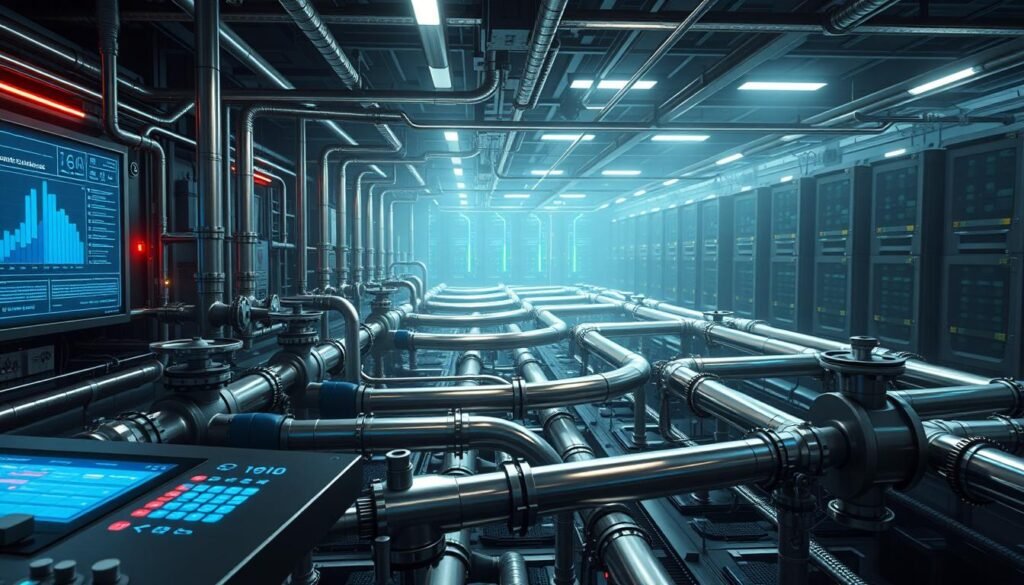 a detailed, cinematic render of a complex data pipeline system, with sleek metallic pipes, valves, and gauges flowing through a futuristic, dimly lit control room. The foreground features a central command station with glowing displays and holographic interfaces, highlighting the real-time analytics and insights being generated. The middle ground showcases intricate crisscrossing pipelines in shades of silver, blue, and green, conveying the efficient flow of data. In the background, a sweeping view of a vast, high-tech facility with towering servers and storage arrays, radiating an atmosphere of advanced, automated data processing. Diffused lighting casts dramatic shadows, creating a sense of depth and technical sophistication, perfectly encapsulating the "Automated Data Pipelines for Real-time Insights" theme. a detailed, cinematic render of a complex data pipeline system, with sleek metallic pipes, valves, and gauges flowing through a futuristic, dimly lit control room. The foreground features a central command station with glowing displays and holographic interfaces, highlighting the real-time analytics and insights being generated. The middle ground showcases intricate crisscrossing pipelines in shades of silver, blue, and green, conveying the efficient flow of data. In the background, a sweeping view of a vast, high-tech facility with towering servers and storage arrays, radiating an atmosphere of advanced, automated data processing. Diffused lighting casts dramatic shadows, creating a sense of depth and technical sophistication, perfectly encapsulating the "Automated Data Pipelines for Real-time Insights" theme.