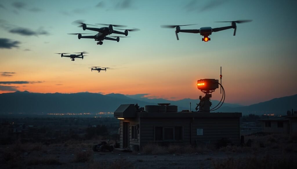 A battlefield landscape at dusk, with a military outpost in the foreground. In the sky, an array of anti-drone countermeasures is visible - electronic jammers, lasers, and kinetic systems designed to disrupt and destroy unmanned aerial vehicles. The outpost is bathed in a dim, amber glow, creating a tense and ominous atmosphere. The background features a rugged, urban environment, with a damaged city skyline in the distance, hinting at the ongoing conflict. Technical details such as long exposure, wide-angle lens, and high contrast enhance the cinematic quality of the scene.