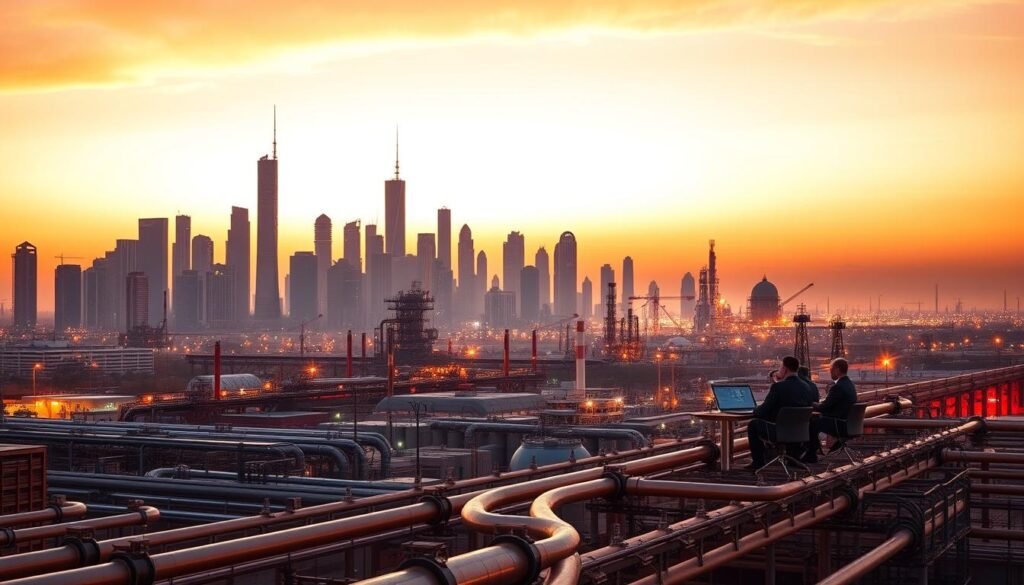 A bustling Middle Eastern city skyline at dusk, with towering skyscrapers and oil refineries silhouetted against an orange-hued sky. In the foreground, a network of pipelines and energy infrastructure weaves through the urban landscape, symbolizing the region's pivotal role in global energy markets. Subtle hints of diplomacy and negotiation can be seen in the background, with figures in formal attire gathered around a conference table, discussing strategic energy policies. The scene is illuminated by warm, directional lighting, creating a sense of dynamism and purpose, capturing the critical intersection of geopolitics and energy security in the Middle East. A bustling Middle Eastern city skyline at dusk, with towering skyscrapers and oil refineries silhouetted against an orange-hued sky. In the foreground, a network of pipelines and energy infrastructure weaves through the urban landscape, symbolizing the region's pivotal role in global energy markets. Subtle hints of diplomacy and negotiation can be seen in the background, with figures in formal attire gathered around a conference table, discussing strategic energy policies. The scene is illuminated by warm, directional lighting, creating a sense of dynamism and purpose, capturing the critical intersection of geopolitics and energy security in the Middle East.