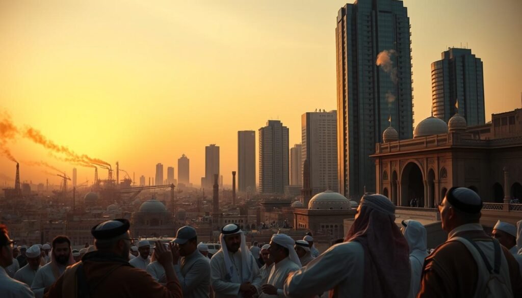 A bustling Middle Eastern cityscape at dusk, with towering skyscrapers and ancient architecture juxtaposed. In the foreground, figures in traditional attire gesticulate animatedly, engaged in heated negotiations. Wisps of smoke curl from nearby oil rigs, casting an amber glow across the scene. The sky is a tapestry of warm hues, hinting at the delicate balance between geopolitical tensions and economic interests. The camera angles capture the sense of complex, multilayered dynamics at play, where energy diplomacy shapes the contours of the region's conflicts. A bustling Middle Eastern cityscape at dusk, with towering skyscrapers and ancient architecture juxtaposed. In the foreground, figures in traditional attire gesticulate animatedly, engaged in heated negotiations. Wisps of smoke curl from nearby oil rigs, casting an amber glow across the scene. The sky is a tapestry of warm hues, hinting at the delicate balance between geopolitical tensions and economic interests. The camera angles capture the sense of complex, multilayered dynamics at play, where energy diplomacy shapes the contours of the region's conflicts.