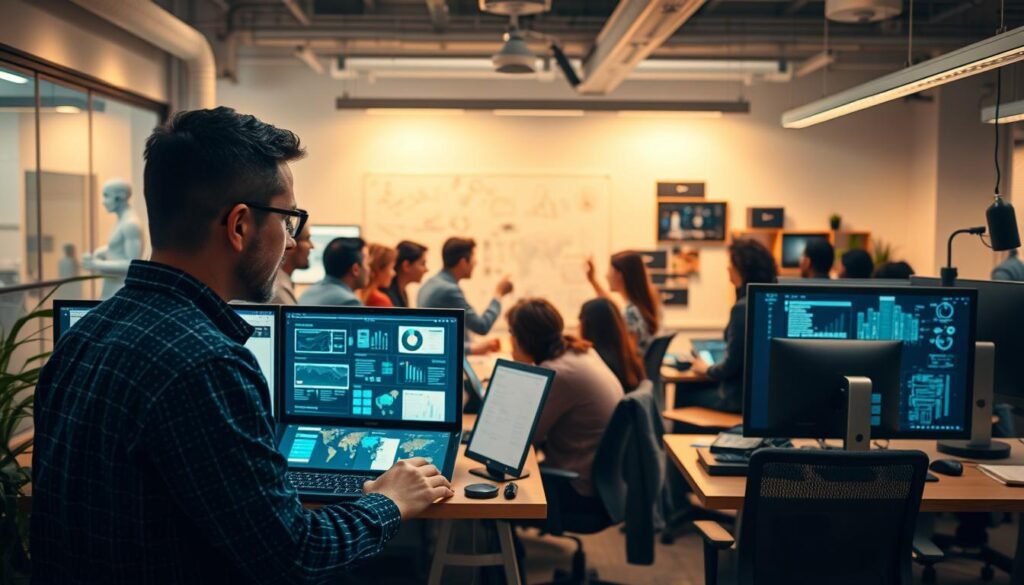 A bustling office scene, bathed in a warm, productivity-enhancing glow. In the foreground, a person collaborates with a generative AI assistant, their screens displaying intricate data visualizations and ideation sketches. The middle ground features teams brainstorming, their expressions animated as they explore novel solutions on interactive whiteboards. In the background, an array of smart devices and intelligent software seamlessly coordinate tasks, automating workflows and freeing up human creativity. The atmosphere is one of focused, yet effortless, progress - a symphony of human ingenuity and technological augmentation.