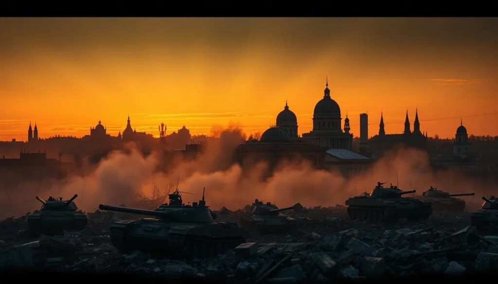 A city skyline at dusk, with the iconic domes and spires of Kiev's historic architecture silhouetted against a glowing orange sky. In the foreground, the debris and rubble of destroyed buildings, tanks and armored vehicles lie abandoned, a stark reminder of the recent urban battles. Rays of light pierce through the smoke, illuminating the devastation. The scene conveys a sense of resilience and determination, as the city begins to rebuild in the aftermath of the conflict. Dramatic lighting, wide-angle lens, cinematic perspective.