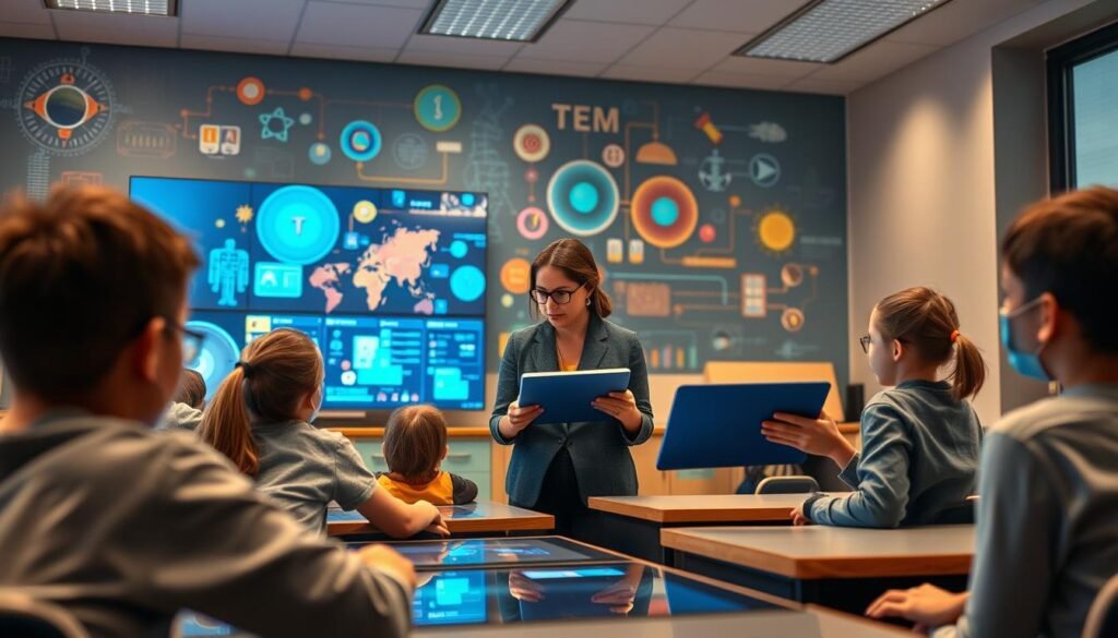 A classroom setting with a warm, inviting atmosphere. In the foreground, a group of students engaged with interactive digital displays, exploring educational software and simulations. In the middle ground, a teacher guiding the class, using a tablet to control and monitor the AI-powered learning tools. The background features a vibrant, technology-infused mural, showcasing various STEM concepts and innovations. Soft, directional lighting illuminates the scene, creating a sense of focus and discovery. The overall composition conveys the seamless integration of AI-driven educational technologies, fostering an immersive and collaborative learning environment.