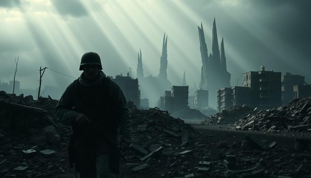 A dark, ominous landscape with an asymmetric battlefield. In the foreground, a lone soldier navigates a maze of rubble and debris, their expression shrouded in uncertainty. The middle ground features a dilapidated urban environment, where shadows and light play tricks on the eye, hinting at hidden threats. In the background, towering structures loom, their jagged silhouettes casting an unsettling presence. The scene is bathed in a muted, somber palette, with shafts of light cutting through the gloom, creating a sense of unease and psychological tension. Cinematic lighting and a wide-angle lens emphasize the vastness and isolation of the environment, conveying the disorienting and destabilizing nature of asymmetric warfare. A dark, ominous landscape with an asymmetric battlefield. In the foreground, a lone soldier navigates a maze of rubble and debris, their expression shrouded in uncertainty. The middle ground features a dilapidated urban environment, where shadows and light play tricks on the eye, hinting at hidden threats. In the background, towering structures loom, their jagged silhouettes casting an unsettling presence. The scene is bathed in a muted, somber palette, with shafts of light cutting through the gloom, creating a sense of unease and psychological tension. Cinematic lighting and a wide-angle lens emphasize the vastness and isolation of the environment, conveying the disorienting and destabilizing nature of asymmetric warfare.