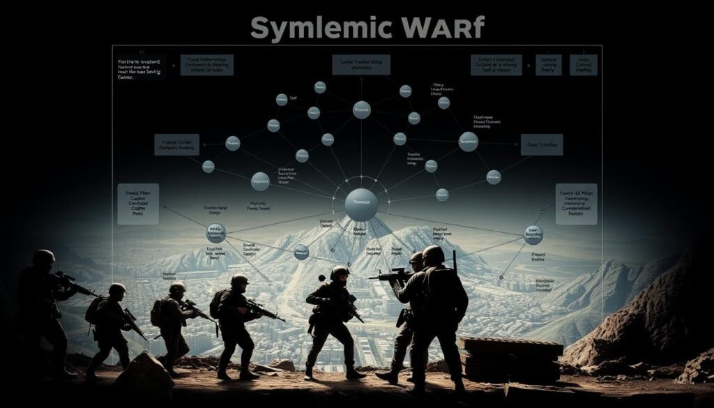 A detailed schematic diagram depicting the key elements of asymmetric warfare. In the foreground, irregular forces employing guerrilla tactics and unconventional weapons stand in contrast to the heavy armor and advanced technology of a conventional military power. In the middle ground, a web of interconnected nodes representing diverse information, financial, and logistical networks that enable the weaker party to challenge the stronger. In the background, a landscape of urban sprawl, rugged terrain, and contested borders that provide cover and maneuverability for the asymmetric combatants. The lighting is dramatic, casting deep shadows and highlights to convey the high-stakes, high-intensity nature of this form of modern conflict. The overall composition suggests the inherent complexities, unpredictability, and strategic advantages of asymmetric warfare. A detailed schematic diagram depicting the key elements of asymmetric warfare. In the foreground, irregular forces employing guerrilla tactics and unconventional weapons stand in contrast to the heavy armor and advanced technology of a conventional military power. In the middle ground, a web of interconnected nodes representing diverse information, financial, and logistical networks that enable the weaker party to challenge the stronger. In the background, a landscape of urban sprawl, rugged terrain, and contested borders that provide cover and maneuverability for the asymmetric combatants. The lighting is dramatic, casting deep shadows and highlights to convey the high-stakes, high-intensity nature of this form of modern conflict. The overall composition suggests the inherent complexities, unpredictability, and strategic advantages of asymmetric warfare.