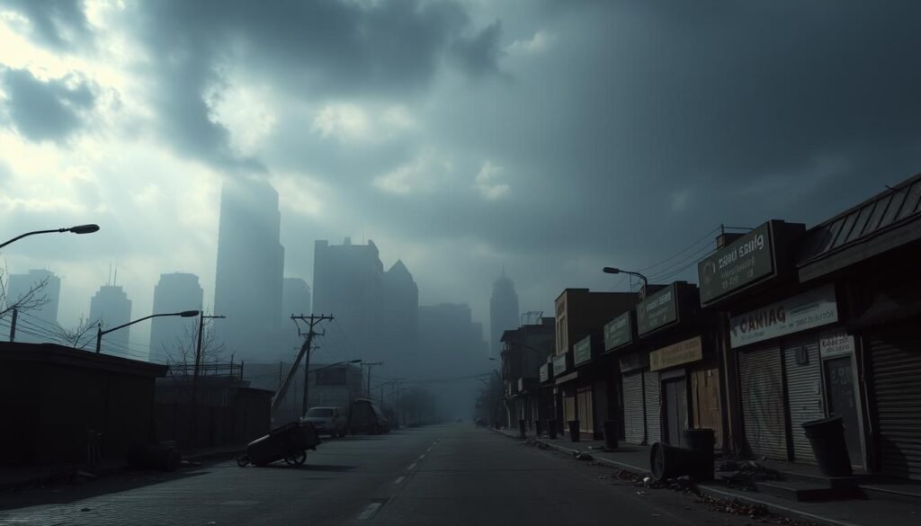 A dimly lit cityscape, fog-shrouded skyscrapers casting long shadows. In the foreground, a deserted street lined with shuttered storefronts and boarded-up windows, conveying a sense of economic despair. Overturned trash cans and debris litter the pavement, hinting at civil unrest. Overhead, a smattering of dark clouds obscures the sky, creating an ominous atmosphere. The lighting is somber, with muted hues of gray and blue predominating, evoking a mood of melancholy and economic hardship. The scene suggests the far-reaching consequences of economic sanctions, their impact felt in the deteriorating urban landscape. A dimly lit cityscape, fog-shrouded skyscrapers casting long shadows. In the foreground, a deserted street lined with shuttered storefronts and boarded-up windows, conveying a sense of economic despair. Overturned trash cans and debris litter the pavement, hinting at civil unrest. Overhead, a smattering of dark clouds obscures the sky, creating an ominous atmosphere. The lighting is somber, with muted hues of gray and blue predominating, evoking a mood of melancholy and economic hardship. The scene suggests the far-reaching consequences of economic sanctions, their impact felt in the deteriorating urban landscape.