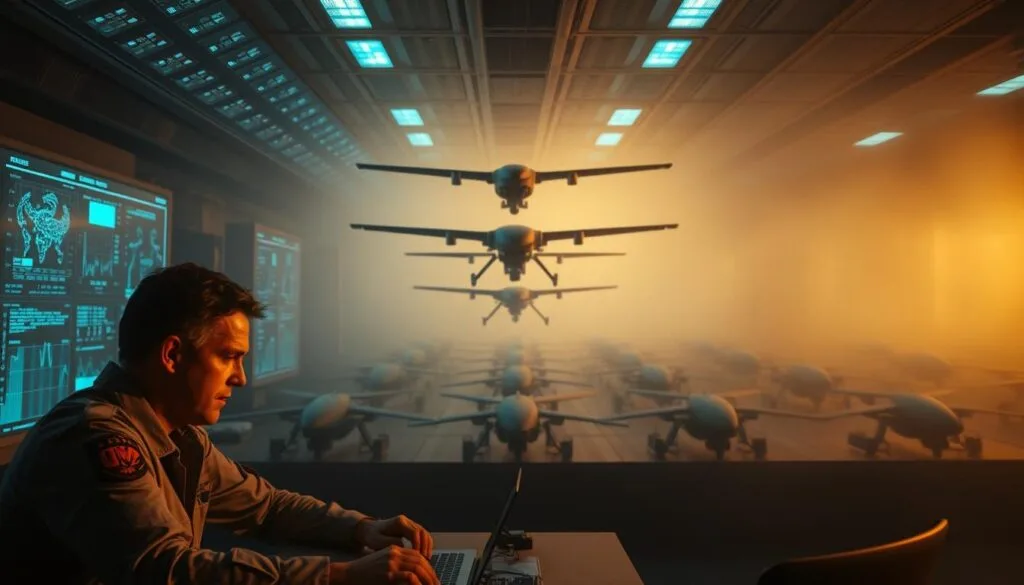 A dimly lit command center, with holographic displays casting an eerie glow. In the foreground, a team of military analysts pore over data, their faces etched with concern. In the middle ground, rows of autonomous drones hover ominously, their weapons systems activated. The background is shrouded in a haze of uncertainty, as the ethical implications of this new era of warfare loom large, casting a long shadow over the scene.