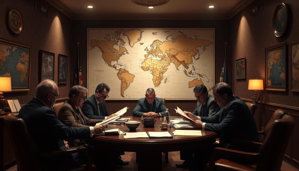A dimly lit conference room, the walls adorned with historical maps and diplomatic memorabilia. At the center, a round table where seasoned negotiators pore over dossiers, their expressions serious as they discuss strategies for resolving a tense hostage crisis. Soft amber lighting casts dramatic shadows, creating an atmosphere of high-stakes diplomacy. In the background, a large world map dominates the scene, highlighting the global implications of the situation. The mood is one of intense focus and determination, as the negotiators work to navigate the complex geopolitical landscape and secure the safe return of the captives. A dimly lit conference room, the walls adorned with historical maps and diplomatic memorabilia. At the center, a round table where seasoned negotiators pore over dossiers, their expressions serious as they discuss strategies for resolving a tense hostage crisis. Soft amber lighting casts dramatic shadows, creating an atmosphere of high-stakes diplomacy. In the background, a large world map dominates the scene, highlighting the global implications of the situation. The mood is one of intense focus and determination, as the negotiators work to navigate the complex geopolitical landscape and secure the safe return of the captives.