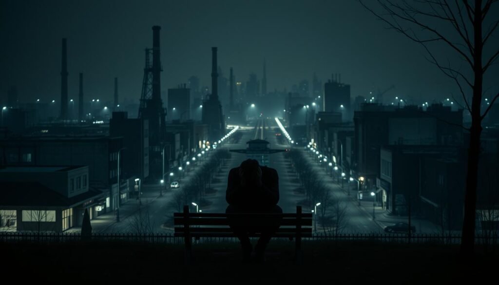 A dimly lit urban landscape, the skyline peppered with abandoned factories and boarded-up storefronts. In the foreground, a lone figure sits hunched on a park bench, their head in their hands, the weight of unemployment and financial insecurity evident in their posture. The middle ground reveals a sea of empty streets, a once-vibrant commercial district now devoid of life. The background is shrouded in a hazy, melancholic atmosphere, the streetlights casting a somber glow over the scene. The overall composition conveys the long-term impact of joblessness, the rippling effects on individuals, communities, and the urban fabric itself. A dimly lit urban landscape, the skyline peppered with abandoned factories and boarded-up storefronts. In the foreground, a lone figure sits hunched on a park bench, their head in their hands, the weight of unemployment and financial insecurity evident in their posture. The middle ground reveals a sea of empty streets, a once-vibrant commercial district now devoid of life. The background is shrouded in a hazy, melancholic atmosphere, the streetlights casting a somber glow over the scene. The overall composition conveys the long-term impact of joblessness, the rippling effects on individuals, communities, and the urban fabric itself.