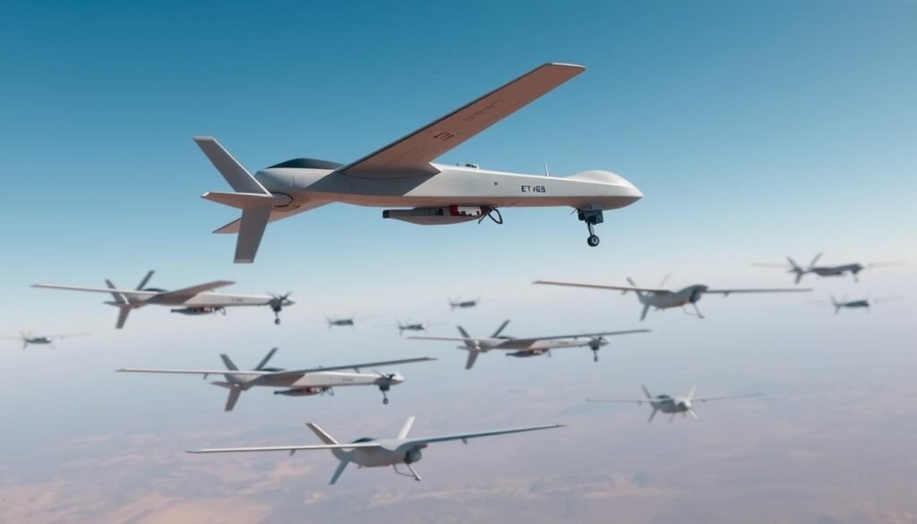 A fleet of advanced autonomous drones hovering in a clear blue sky, their sleek metallic frames gleaming in the sunlight. In the foreground, a group of drones swooping gracefully, their movements precise and coordinated. In the middle ground, larger drones with extended wings and powerful engines, ready to undertake long-range missions. In the background, a distant horizon where the drones seem to disappear, hinting at their vast operational range. The scene conveys a sense of technological superiority, efficiency, and the unstoppable power of artificial intelligence-driven aerial warfare.