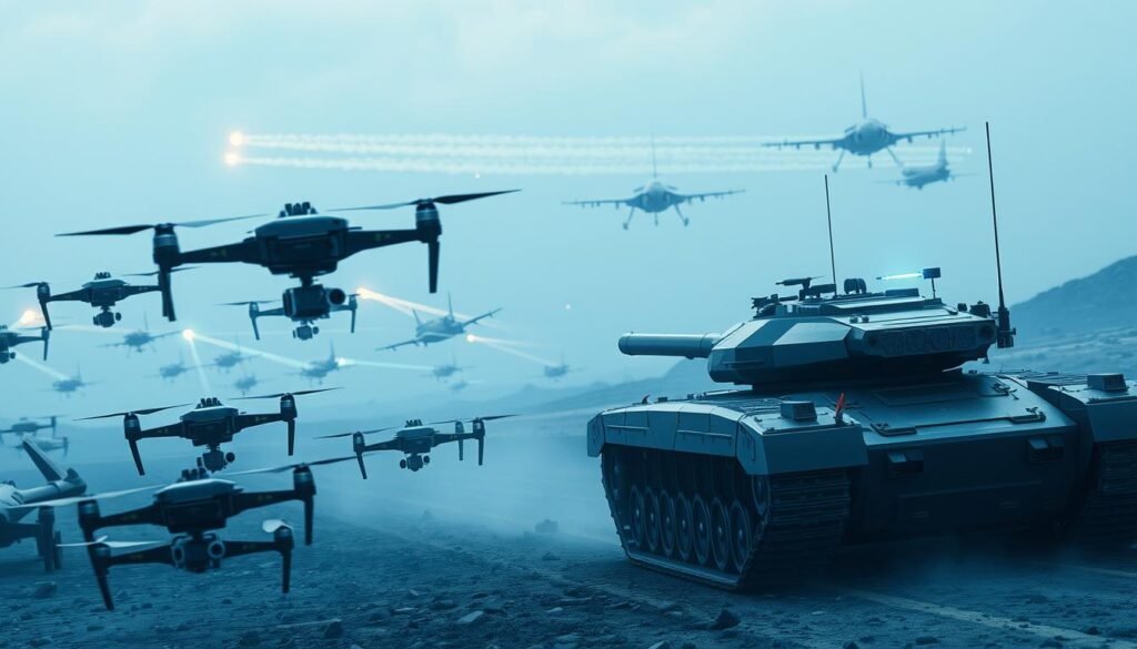 A futuristic battlefield where AI-powered drones, tanks, and weapons systems converge, showcasing their tactical prowess. In the foreground, a swarm of nimble quadcopters equipped with advanced sensors and targeting systems hover, their movements precise and coordinated. In the middle ground, a sleek autonomous tank navigates the terrain, its array of sensors and weapons systems integrated with an AI-driven control system. In the background, a squadron of fighter jets equipped with AI-assisted flight controls and target acquisition software soar through the sky, their contrails leaving a bold, futuristic impression. The scene is bathed in a cool, blue-tinted light, conveying a sense of technological superiority and military dominance.