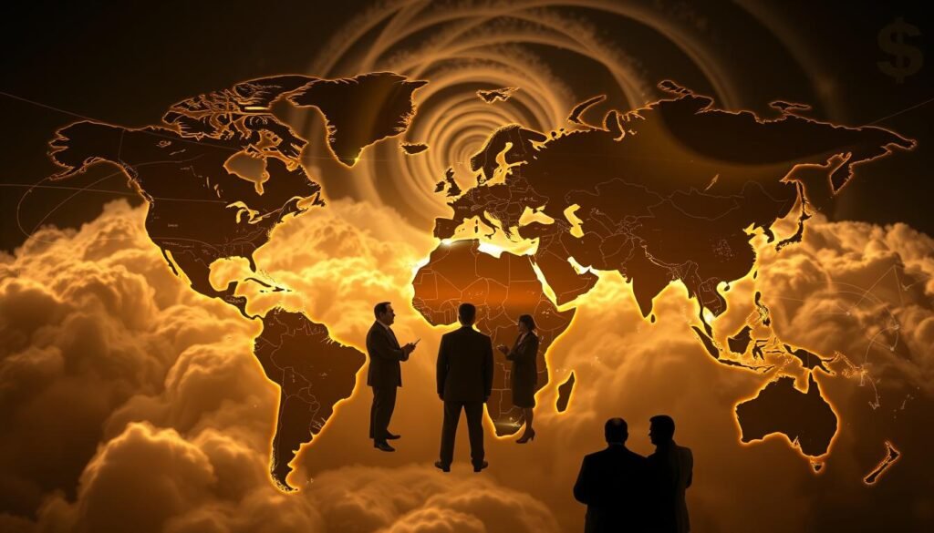 A global map illuminated by dramatic lighting, depicting shifting tectonic plates of power and influence. In the foreground, bold arrows and interconnected lines trace the intricate web of geopolitical alliances, trade deals, and technological rivalries. The middle ground features silhouettes of world leaders engaged in tense negotiations, while the background is a swirling vortex of geopolitical upheaval, with cloud formations shaped like military hardware and currency symbols. The scene conveys a sense of uncertainty and flux, as the established world order gives way to a new, multipolar reality. A global map illuminated by dramatic lighting, depicting shifting tectonic plates of power and influence. In the foreground, bold arrows and interconnected lines trace the intricate web of geopolitical alliances, trade deals, and technological rivalries. The middle ground features silhouettes of world leaders engaged in tense negotiations, while the background is a swirling vortex of geopolitical upheaval, with cloud formations shaped like military hardware and currency symbols. The scene conveys a sense of uncertainty and flux, as the established world order gives way to a new, multipolar reality.