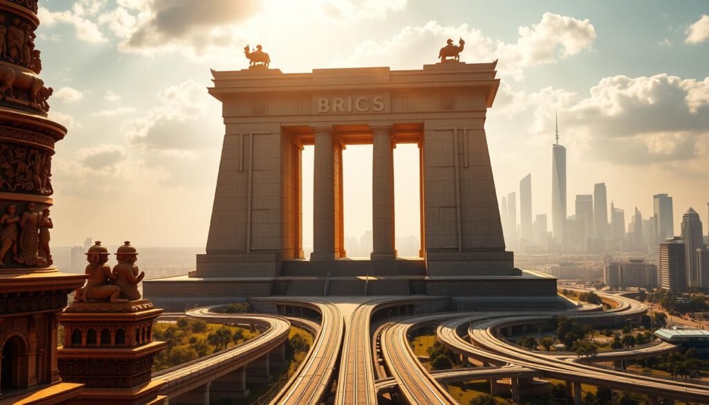 A grand, imposing structure representing the BRICS nations - Brazil, Russia, India, China, and South Africa - stands tall, its foundation firmly rooted, challenging the established Western order. The scene is bathed in a warm, golden light, symbolizing the economic and geopolitical ascent of these emerging powers. In the foreground, intricate carvings and detailed architectural elements suggest the cultural diversity and collective strength of the BRICS alliance. The middle ground depicts a tapestry of global connections, with highways, railways, and trade routes intersecting, underscoring the group's growing influence and connectivity. In the background, the skyline of a futuristic, high-tech metropolis emerges, hinting at the technological prowess and innovative spirit of the BRICS nations. The overall composition conveys a sense of power, unity, and the transformative potential of this rising force on the world stage. A grand, imposing structure representing the BRICS nations - Brazil, Russia, India, China, and South Africa - stands tall, its foundation firmly rooted, challenging the established Western order. The scene is bathed in a warm, golden light, symbolizing the economic and geopolitical ascent of these emerging powers. In the foreground, intricate carvings and detailed architectural elements suggest the cultural diversity and collective strength of the BRICS alliance. The middle ground depicts a tapestry of global connections, with highways, railways, and trade routes intersecting, underscoring the group's growing influence and connectivity. In the background, the skyline of a futuristic, high-tech metropolis emerges, hinting at the technological prowess and innovative spirit of the BRICS nations. The overall composition conveys a sense of power, unity, and the transformative potential of this rising force on the world stage.