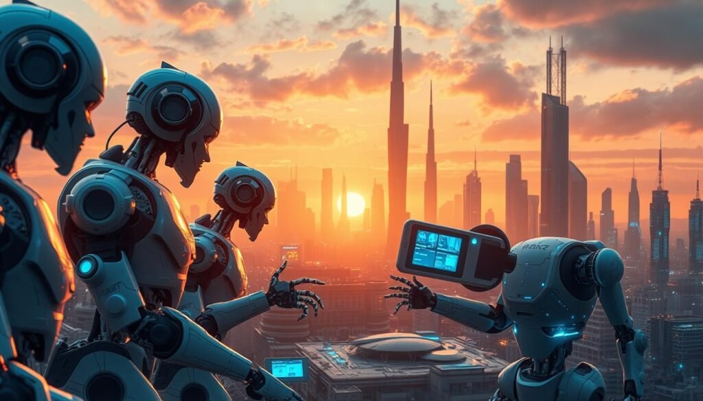 A grand technological landscape unfolds, a symphony of innovation and rivalry. In the foreground, advanced robotics and AI systems engage in a dynamic interplay, their sleek forms and precise movements hinting at the power of technological progress. The middle ground features cutting-edge electronics and communication devices, their intricate circuits and glowing interfaces symbolizing the global flow of information. In the background, towering structures of glass and steel rise, representing the architectural marvels that have reshaped the skylines of emerging economic powerhouses. Warm hues of amber and electric blues cast an atmospheric glow, evoking a sense of both collaboration and competition, as nations strive to harness the potential of technology to secure their place in the geopolitical landscape. A grand technological landscape unfolds, a symphony of innovation and rivalry. In the foreground, advanced robotics and AI systems engage in a dynamic interplay, their sleek forms and precise movements hinting at the power of technological progress. The middle ground features cutting-edge electronics and communication devices, their intricate circuits and glowing interfaces symbolizing the global flow of information. In the background, towering structures of glass and steel rise, representing the architectural marvels that have reshaped the skylines of emerging economic powerhouses. Warm hues of amber and electric blues cast an atmospheric glow, evoking a sense of both collaboration and competition, as nations strive to harness the potential of technology to secure their place in the geopolitical landscape.