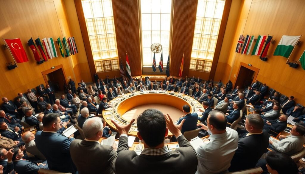 A high-angle view of a bustling international conference hall, with delegates from diverse nations engaged in animated discussions around a central table. The room is bathed in warm, natural lighting filtering through large windows, creating a sense of openness and collaboration. Flags from various countries hang from the ceiling, symbolizing the global nature of the proceedings. In the foreground, representatives from prominent international organizations, such as the United Nations and the World Bank, are gesturing emphatically, their expressions reflecting the gravity of the topic at hand - the pursuit of long-term stability in the Middle East and beyond.