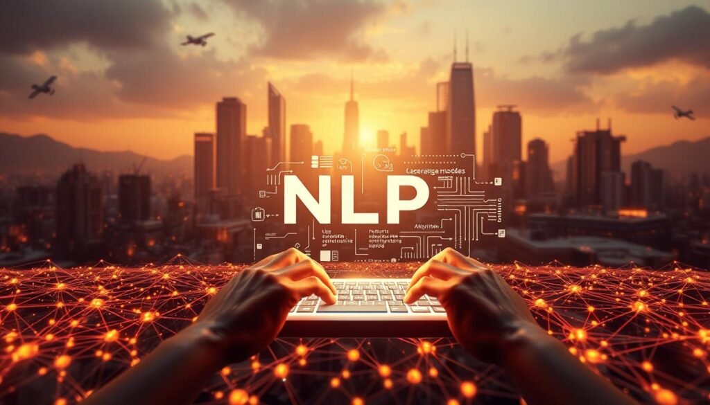 A high-quality, ultra-detailed 4K image of natural language processing (NLP) set against a backdrop of a futuristic, technological landscape. In the foreground, a vast neural network of interconnected nodes and synapses, pulsing with energy and data flows. The middle ground features a pair of disembodied hands typing on a holographic keyboard, interacting with a 3D visualization of language models and algorithms. In the distance, towering skyscrapers and satellites symbolize the scale and global reach of NLP applications. Warm, diffused lighting creates a sense of depth and atmosphere, while a shallow depth of field focuses the viewer's attention on the central NLP elements. An air of innovation, progress, and human-machine collaboration permeates the scene.