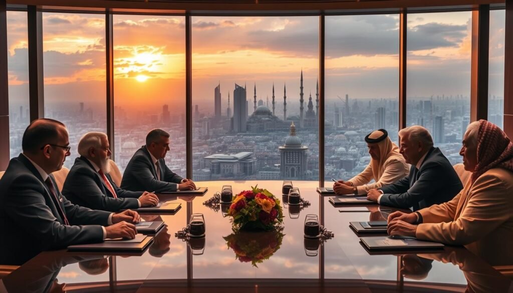 A high-stakes meeting of world leaders negotiating strategic oil agreements against the backdrop of a sprawling Middle Eastern city. In the foreground, delegates from opposing nations sit across a grand, polished table, their faces tense with the weight of negotiations. Behind them, floor-to-ceiling windows offer a panoramic view of the bustling metropolis, its towers and minarets silhouetted against a dramatic sunset sky. Soft, warm lighting casts an amber glow, evoking a sense of diplomatic gravity. The scene conveys the delicate balance of power and the far-reaching implications of the discussions unfolding. A high-stakes meeting of world leaders negotiating strategic oil agreements against the backdrop of a sprawling Middle Eastern city. In the foreground, delegates from opposing nations sit across a grand, polished table, their faces tense with the weight of negotiations. Behind them, floor-to-ceiling windows offer a panoramic view of the bustling metropolis, its towers and minarets silhouetted against a dramatic sunset sky. Soft, warm lighting casts an amber glow, evoking a sense of diplomatic gravity. The scene conveys the delicate balance of power and the far-reaching implications of the discussions unfolding.