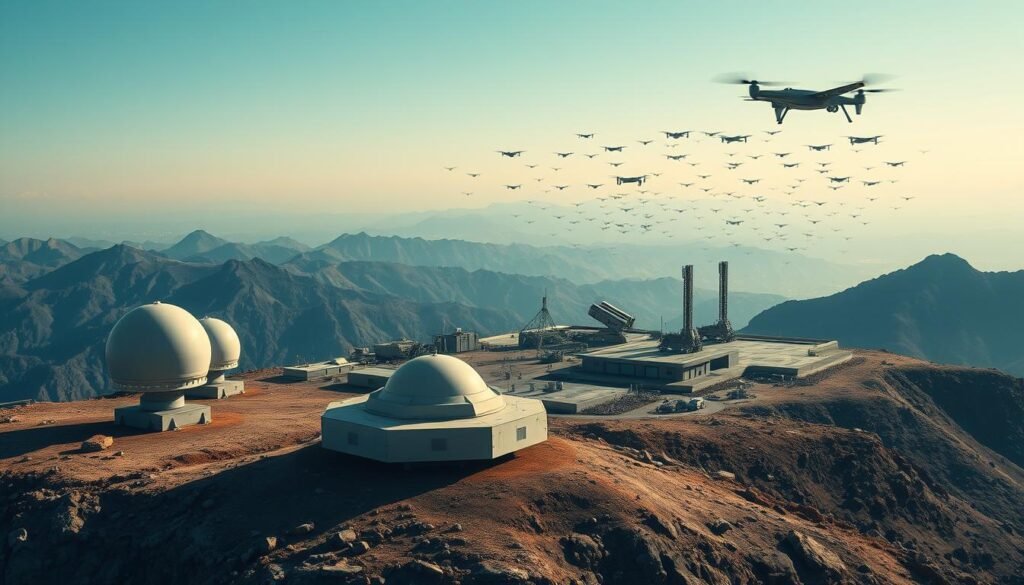 A high-tech military installation, situated on a rugged mountainous terrain. In the foreground, a series of radar domes and missile launchers stand in alert, ready to detect and neutralize any airborne threats. The middle ground is dotted with command centers and communication arrays, their sleek, angular designs conveying a sense of advanced technology. In the background, the sky is filled with a flock of small, nimble UAVs, their movements carefully choreographed by skilled operators. The scene is bathed in a cool, blue-tinged lighting, creating an atmosphere of precision and vigilance. The overall image exudes a sense of power and preparedness, reflecting the critical role of counter-drone technologies in modern warfare.