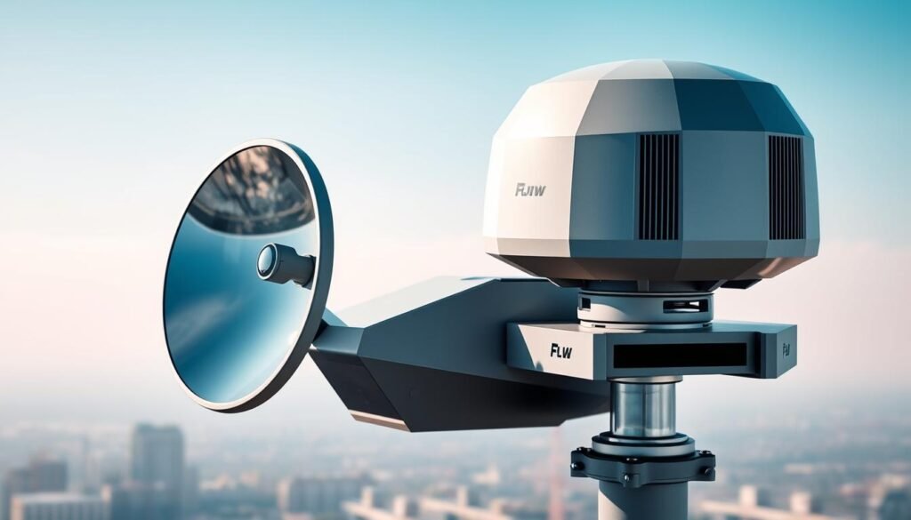 A high-tech radar system mounted on a sleek, modern drone detection platform. The foreground features the radar dish, its surface reflecting the surrounding environment in a clean, metallic finish. The middle ground showcases the drone detection device's minimalist design, with sharp angles and a sturdy, weatherproof casing. The background depicts a cityscape or industrial landscape, hinting at the real-world applications of this advanced counter-drone technology. Bright, directional lighting emphasizes the precision and sophistication of the radar system, casting dramatic shadows and highlighting its technical details. The overall mood conveys a sense of cutting-edge innovation and heightened security in the face of modern drone threats.