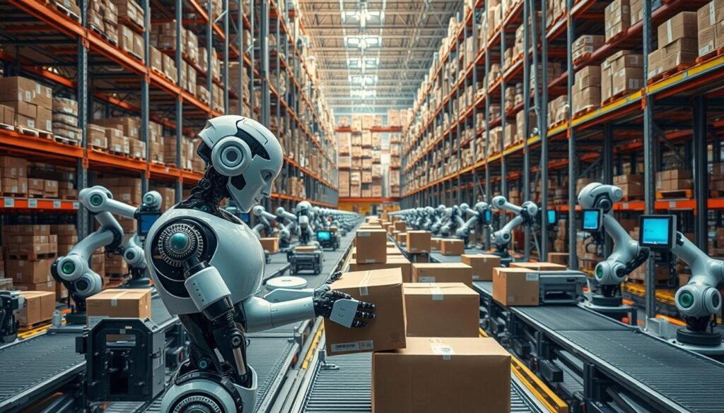 A high-tech warehouse filled with robotic arms and autonomous carts, bustling with the efficient processing of e-commerce orders. In the foreground, a sleek humanoid robot carefully packs a box with purchased goods, its movements precise and calculated. Surrounding it, an array of mechanical appendages whir and spin, meticulously sorting, labeling, and transporting packages. The middle ground is a maze of conveyor belts, scanners, and sensors, all working in harmonious coordination. In the background, towering racks stretch upwards, stocked with an endless inventory, illuminated by the soft glow of LED lighting. The scene conveys a sense of technological prowess, streamlined logistics, and the future of e-commerce fulfillment. A high-tech warehouse filled with robotic arms and autonomous carts, bustling with the efficient processing of e-commerce orders. In the foreground, a sleek humanoid robot carefully packs a box with purchased goods, its movements precise and calculated. Surrounding it, an array of mechanical appendages whir and spin, meticulously sorting, labeling, and transporting packages. The middle ground is a maze of conveyor belts, scanners, and sensors, all working in harmonious coordination. In the background, towering racks stretch upwards, stocked with an endless inventory, illuminated by the soft glow of LED lighting. The scene conveys a sense of technological prowess, streamlined logistics, and the future of e-commerce fulfillment.
