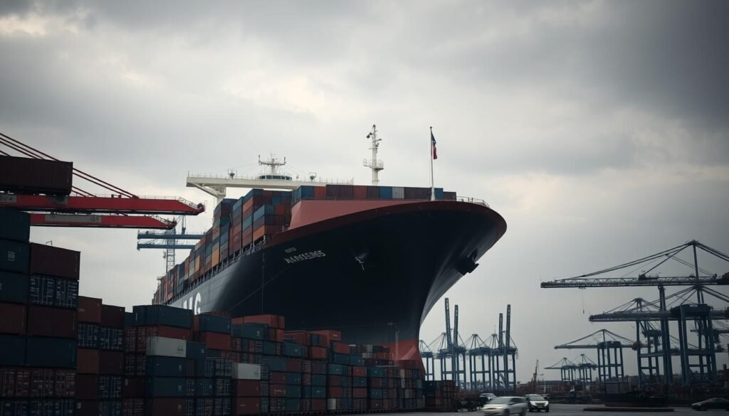 A massive cargo ship looming over a bustling port, shipping containers piled high in the foreground, casting shadows across the docks. In the background, cranes stand idle, a stark contrast to the usually frenetic activity. The sky is overcast, a somber mood permeating the scene. Muted colors and a sense of stagnation convey the impact of global trade disruptions, the reverberating economic fallout felt in every corner of the port. The image evokes a palpable tension, a system on the brink of collapse, a precarious balance on the verge of tipping. A massive cargo ship looming over a bustling port, shipping containers piled high in the foreground, casting shadows across the docks. In the background, cranes stand idle, a stark contrast to the usually frenetic activity. The sky is overcast, a somber mood permeating the scene. Muted colors and a sense of stagnation convey the impact of global trade disruptions, the reverberating economic fallout felt in every corner of the port. The image evokes a palpable tension, a system on the brink of collapse, a precarious balance on the verge of tipping.