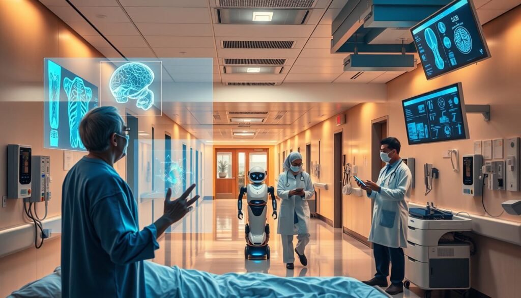 A modern hospital interior, bathed in warm, diffused lighting. In the foreground, a patient interacts with a holographic display, gesturing to manipulate 3D medical imagery. Nurses and doctors consult diagnostic data on sleek, floating digital panels. In the middle ground, an autonomous robot assistant navigates the halls, carrying supplies. The background reveals state-of-the-art medical equipment, advanced monitoring systems, and seamlessly integrated AI-powered interfaces. The scene conveys a vision of the future of healthcare, where generative AI enhances diagnosis, treatment, and patient experience.