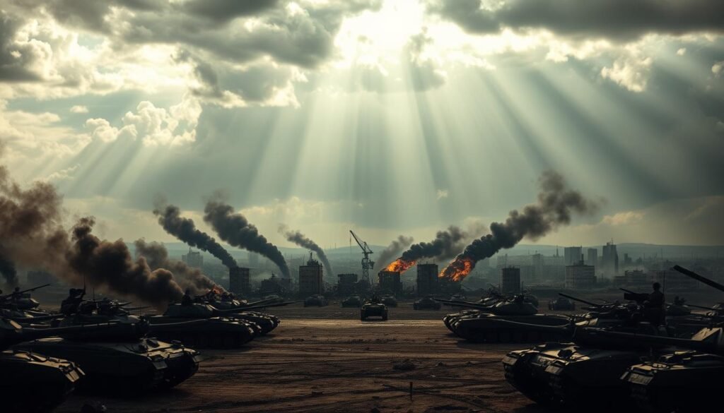 A panoramic scene of geopolitical tensions: in the foreground, a tense standoff between military forces, tanks and armored vehicles poised for battle, their weapons raised; in the middle ground, plumes of black smoke billow from bombed-out buildings, flames licking at the rubble; and in the distant background, ominous clouds gather, casting an ominous shadow over the entire landscape. The lighting is dramatic, with shafts of sunlight piercing through the gloom, creating a sense of urgency and foreboding. The overall mood is one of impending conflict, a clash of global powers that threatens to disrupt the fragile balance of the world. A panoramic scene of geopolitical tensions: in the foreground, a tense standoff between military forces, tanks and armored vehicles poised for battle, their weapons raised; in the middle ground, plumes of black smoke billow from bombed-out buildings, flames licking at the rubble; and in the distant background, ominous clouds gather, casting an ominous shadow over the entire landscape. The lighting is dramatic, with shafts of sunlight piercing through the gloom, creating a sense of urgency and foreboding. The overall mood is one of impending conflict, a clash of global powers that threatens to disrupt the fragile balance of the world.