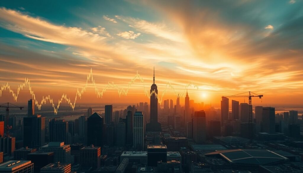 A panoramic view of a bustling city skyline, with towering skyscrapers and cranes dotting the horizon. In the foreground, a dynamic graph displays fluctuating energy prices and inflation rates, the lines pulsing with energy and uncertainty. The sky is cast in a warm, golden glow, as if lit by the setting sun, creating a sense of both vibrance and unease. The scene is captured through a wide-angle lens, emphasizing the scale and complexity of the economic forces at play. The overall mood is one of tension and urgency, reflecting the impact of energy prices on the global economy. A panoramic view of a bustling city skyline, with towering skyscrapers and cranes dotting the horizon. In the foreground, a dynamic graph displays fluctuating energy prices and inflation rates, the lines pulsing with energy and uncertainty. The sky is cast in a warm, golden glow, as if lit by the setting sun, creating a sense of both vibrance and unease. The scene is captured through a wide-angle lens, emphasizing the scale and complexity of the economic forces at play. The overall mood is one of tension and urgency, reflecting the impact of energy prices on the global economy.
