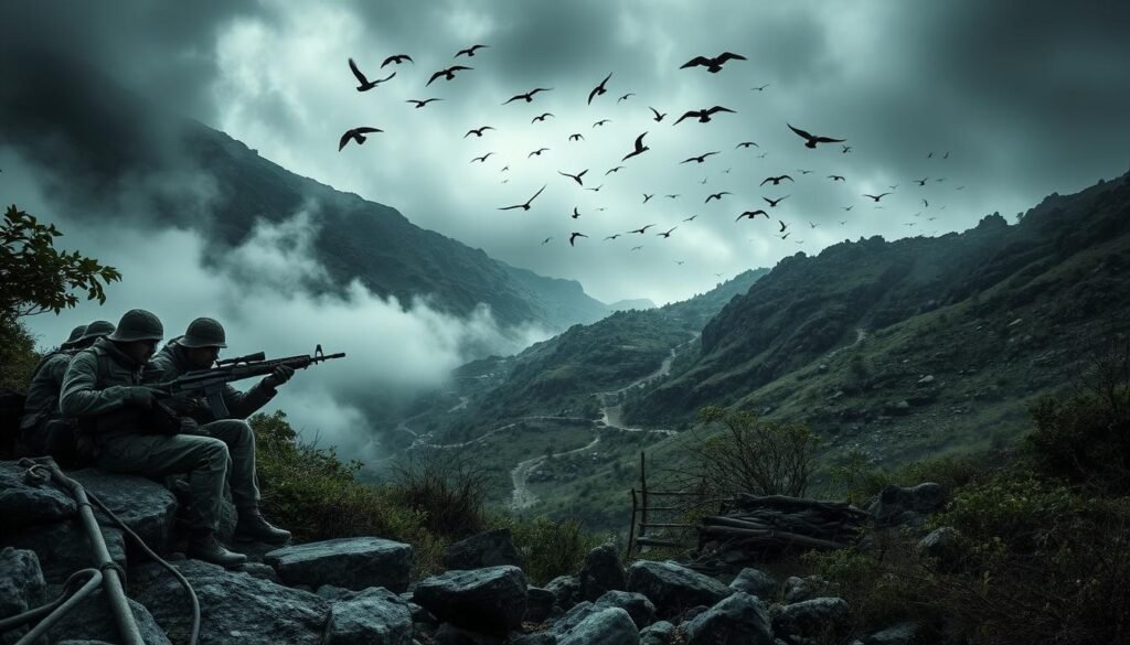 A rugged, mountainous landscape shrouded in mist and shadows. In the foreground, a group of guerrilla fighters crouch behind rocks and foliage, their camouflaged uniforms blending seamlessly with the terrain. Weapons at the ready, they scan the horizon with keen, watchful eyes, poised to ambush their unsuspecting adversaries. The middle ground reveals a winding trail, littered with obstacles and traps, leading deeper into the treacherous terrain. Overhead, a flock of birds take flight, casting ominous silhouettes against the dimly lit sky. The scene conveys a palpable sense of tension and strategic advantage, reflecting the essence of guerrilla warfare tactics. A rugged, mountainous landscape shrouded in mist and shadows. In the foreground, a group of guerrilla fighters crouch behind rocks and foliage, their camouflaged uniforms blending seamlessly with the terrain. Weapons at the ready, they scan the horizon with keen, watchful eyes, poised to ambush their unsuspecting adversaries. The middle ground reveals a winding trail, littered with obstacles and traps, leading deeper into the treacherous terrain. Overhead, a flock of birds take flight, casting ominous silhouettes against the dimly lit sky. The scene conveys a palpable sense of tension and strategic advantage, reflecting the essence of guerrilla warfare tactics.