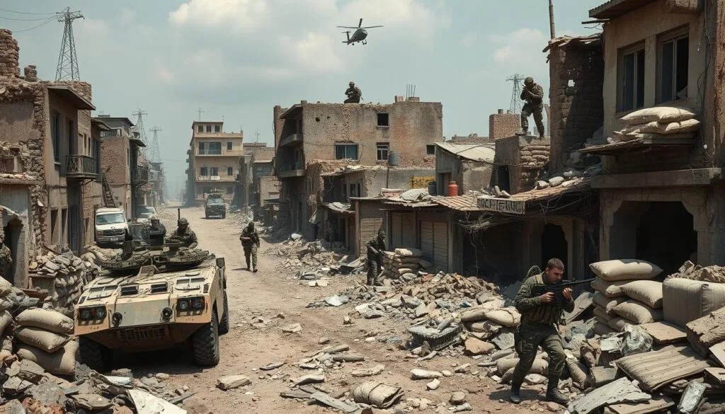 A rugged urban landscape, scarred by war. In the foreground, a heavily armored military vehicle navigates through the rubble, its turret scanning for threats. Snipers take positions on the rooftops, blending seamlessly with the crumbling facades. Concertina wire and sandbag fortifications line the streets, creating a maze of defensive positions. The air is thick with tension, as soldiers in urban camouflage move cautiously, their rifles at the ready. Overhead, the distant rumble of a helicopter echoes, a reminder of the ever-present danger. The scene conveys the harsh realities of modern urban warfare, where armies must adapt their tactics and equipment to the unforgiving terrain.