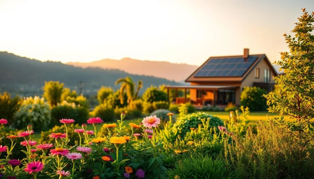 A serene landscape bathed in warm, golden light. In the foreground, a flourishing garden with vibrant flowers and lush greenery, symbolizing financial growth and prosperity. In the middle ground, a modern, energy-efficient home with solar panels on the roof, representing sustainable financial practices. In the background, a picturesque mountain range, evoking a sense of stability and balance. The scene conveys a harmonious blend of nature, technology, and financial well-being, reflecting the holistic approach to balanced living.