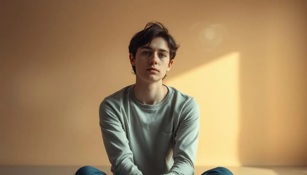 A serene, pensive figure sits in a tranquil, minimalist space, their face reflecting a thoughtful, introspective gaze. Soft, natural lighting casts a warm, contemplative atmosphere, highlighting the individual's emotional awareness and inner calm. The background is a muted, earthy palette, creating a sense of grounded, harmonious balance. Wispy, ethereal elements subtly swirl around the central subject, symbolizing the intangible, intuitive nature of emotional intelligence. The composition is carefully balanced, drawing the viewer's attention to the calm, centered presence at the heart of the scene.