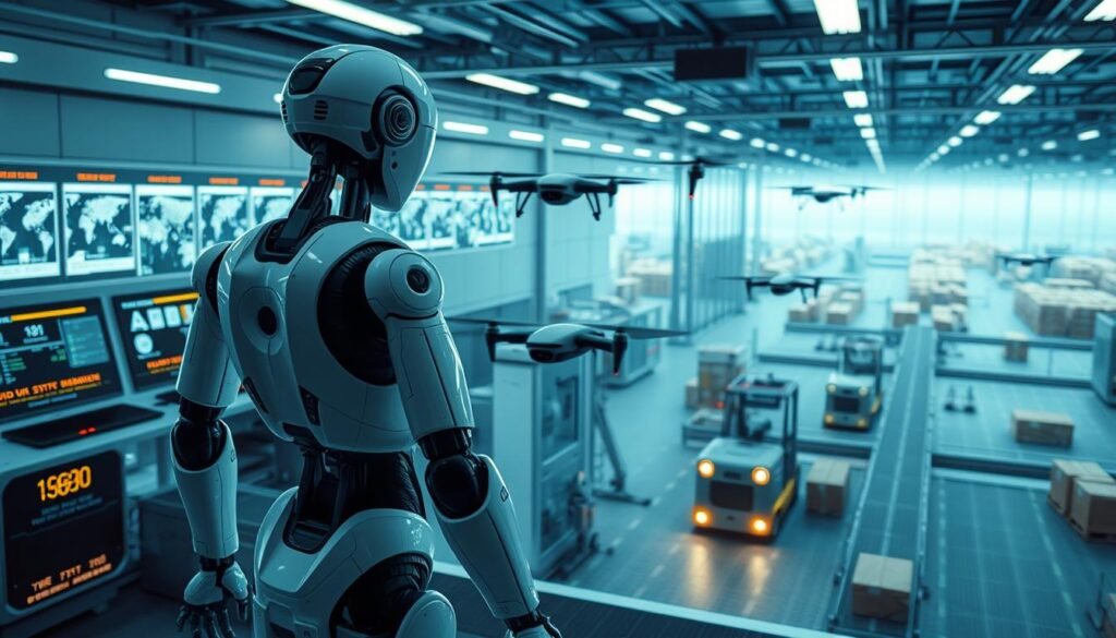 A sleek, futuristic laboratory filled with state-of-the-art robotics equipment and AI-powered control panels. In the foreground, a humanoid robot stands poised, its advanced sensors and articulated limbs showcasing the seamless integration of artificial intelligence and physical automation. The middle ground features a swarm of nimble drones, their rapid movements and precise maneuvers demonstrating the power of AI-driven autonomy. In the background, a panoramic view of a sprawling warehouse, with autonomous forklifts and conveyor systems operating with near-human efficiency, all driven by the latest advancements in AI and machine learning. The scene is bathed in a cool, bluish hue, creating a sense of technological sophistication and innovation. A sleek, futuristic laboratory filled with state-of-the-art robotics equipment and AI-powered control panels. In the foreground, a humanoid robot stands poised, its advanced sensors and articulated limbs showcasing the seamless integration of artificial intelligence and physical automation. The middle ground features a swarm of nimble drones, their rapid movements and precise maneuvers demonstrating the power of AI-driven autonomy. In the background, a panoramic view of a sprawling warehouse, with autonomous forklifts and conveyor systems operating with near-human efficiency, all driven by the latest advancements in AI and machine learning. The scene is bathed in a cool, bluish hue, creating a sense of technological sophistication and innovation.