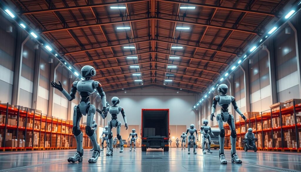 A sleek, futuristic warehouse filled with agile, humanoid robots working in perfect synchronization. In the foreground, a team of bipedal machines gracefully navigating the aisles, their articulated limbs and dexterous hands effortlessly manipulating cargo. In the middle ground, larger, more industrial-looking robots loading and unloading trucks with precision, their sensors and cameras scanning the environment. In the background, a high-ceilinged space bathed in warm, diffused lighting, with sleek, minimalist architecture and a sense of technological sophistication. The overall atmosphere conveys a vision of the future of warehouse automation, where intelligent, adaptable humanoid robots work seamlessly alongside humans to optimize operations. A sleek, futuristic warehouse filled with agile, humanoid robots working in perfect synchronization. In the foreground, a team of bipedal machines gracefully navigating the aisles, their articulated limbs and dexterous hands effortlessly manipulating cargo. In the middle ground, larger, more industrial-looking robots loading and unloading trucks with precision, their sensors and cameras scanning the environment. In the background, a high-ceilinged space bathed in warm, diffused lighting, with sleek, minimalist architecture and a sense of technological sophistication. The overall atmosphere conveys a vision of the future of warehouse automation, where intelligent, adaptable humanoid robots work seamlessly alongside humans to optimize operations.