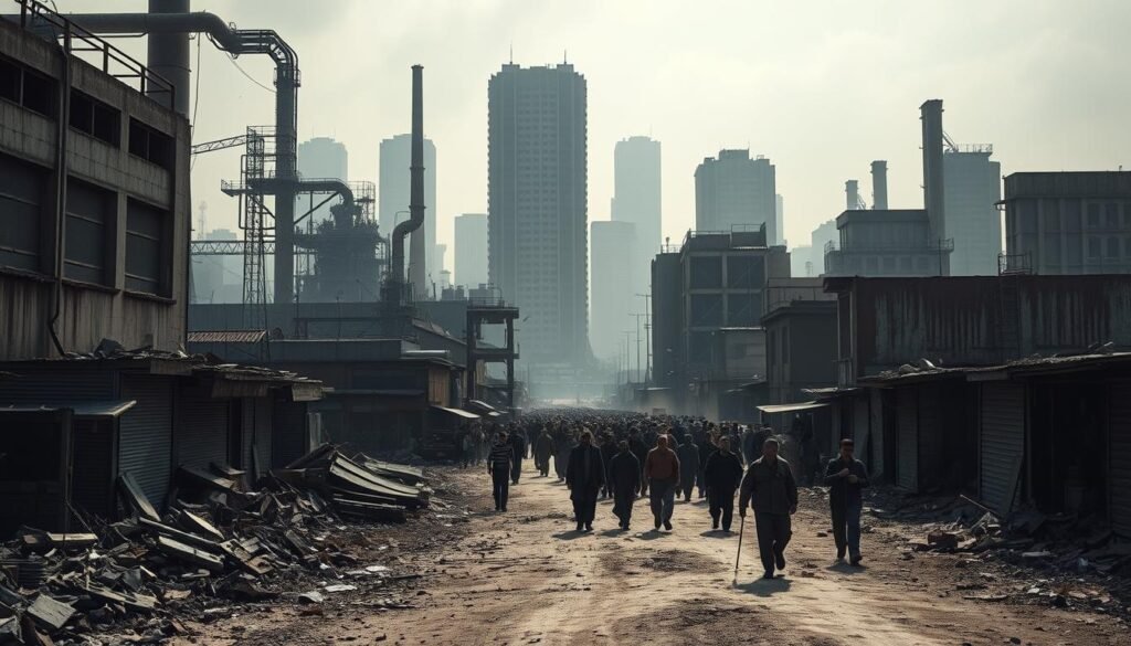 A somber cityscape bathed in a hazy, desaturated light. In the foreground, abandoned factories and shuttered storefronts stand as silent testaments to economic ruin. Rubble and debris litter the streets, a visual metaphor for the crumbling infrastructure. In the middle ground, a crowd of weary, downtrodden figures trudge through the desolate landscape, their expressions etched with hopelessness. The background is dominated by towering, decrepit skyscrapers, their once-gleaming facades now weathered and decaying. A sense of profound melancholy and despair permeates the scene, capturing the dire consequences of protracted conflict on a nation's economic vitality. A somber cityscape bathed in a hazy, desaturated light. In the foreground, abandoned factories and shuttered storefronts stand as silent testaments to economic ruin. Rubble and debris litter the streets, a visual metaphor for the crumbling infrastructure. In the middle ground, a crowd of weary, downtrodden figures trudge through the desolate landscape, their expressions etched with hopelessness. The background is dominated by towering, decrepit skyscrapers, their once-gleaming facades now weathered and decaying. A sense of profound melancholy and despair permeates the scene, capturing the dire consequences of protracted conflict on a nation's economic vitality.