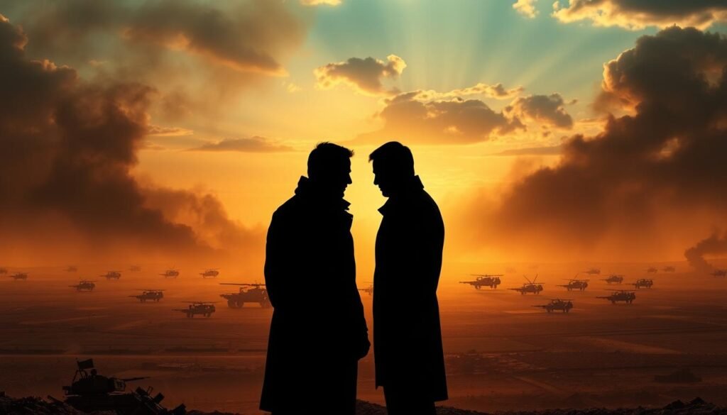 A sprawling battlefield backdrop, with war-torn landscapes, smoke-filled skies, and the silhouettes of military forces clashing in the distance. In the foreground, two shadowy figures stand face-to-face, their features obscured, representing the proxy nature of the conflict. Warm lighting casts a somber, ominous tone, while the composition emphasizes the power dynamics at play, with the larger figures looming over the smaller ones. The scene evokes a sense of strategic maneuvering, hidden agendas, and the complex interplay of global superpowers using smaller nations as pawns in their geopolitical struggles.