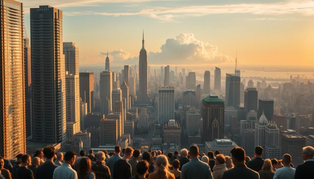 A sprawling cityscape, its towering skyscrapers casting long shadows across the bustling streets. In the foreground, a group of people are gathered, faces etched with concern and uncertainty as they grapple with the challenges of integrating advanced AI technologies into their daily lives. The middle ground is filled with a kaleidoscope of data streams, algorithms, and abstract representations of the complex web of interconnected systems that power these AI-driven innovations. In the distance, a looming cloud of uncertainty, a visual metaphor for the uncharted territories and unanswered questions that lie ahead as the world navigates the rapidly evolving landscape of generative AI. The scene is bathed in a warm, golden light, creating a sense of contemplation and introspection, inviting the viewer to ponder the balance between the promise and the peril of these transformative technologies.